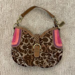 Brown and Tan Coach Bag with Colorful Suede Trim